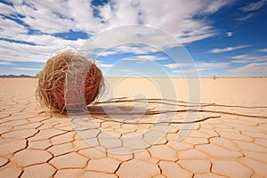 lone tumbleweed resting on cracked desert ground