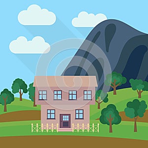 Lone two-storey house in the background of a mountain with an green tree.