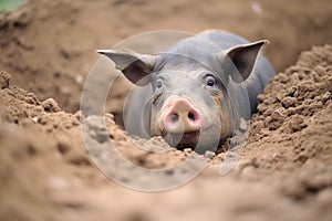 lone warthog wallowing in a mud hole