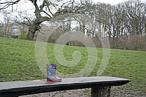 A lone wellie sits on a park bench