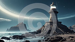 A lone white lighthouse stands guard on the rocky coastline, its powerful beam cutting through the night sky to guide ships at sea