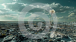 A lone wilted flower struggling to survive amidst a barren wasteland a symbol of the impact tornadoes have on the