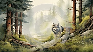 Lone wolf gazing in misty forest with serene expression. Wall art wallpaper