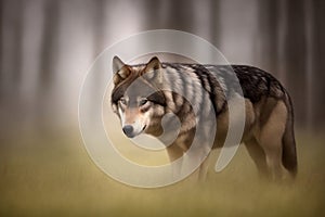 Lone wolf in the hazy fog at dawn in the forest, made with generative AI