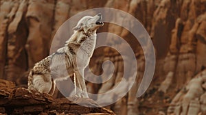 A lone wolf howling at the moon its mournful cries echoing through the canyon. photo