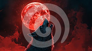 A lone wolf howling at a red, full moon in a dark sky