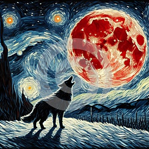 A lone wolf silhouetted againts a blood-red moon, snow covered landscape, painting art