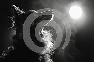 Lone wolf sits outdoors and looking at the moon