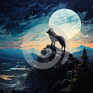lone wolf standing on a rocky cliff, howling at the moon against a backdrop of a starry night sky by AI generated