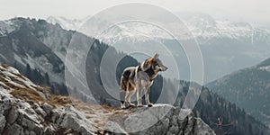 A lone wolf standing on top of a mountain. Generative AI image.