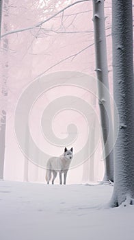 A lone wolf stands in the middle of a snowy forest, AI