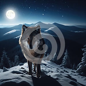 Lone wolf stands on mountain ridge, with snow and full moon