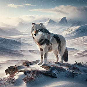 Lone wolf stands on rocky outcrop, in the frozen tundra, with blizzard forming