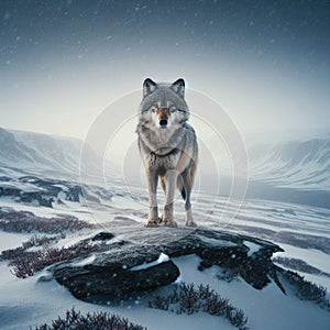 Lone wolf stands on rocky outcrop, in the frozen tundra, with blizzard forming