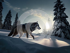 A lone wolf walking through a snowy forest. AI generative image