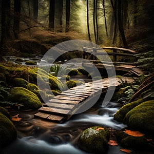A lone wooden bridge crossing a babbling brook in an enchanted forest