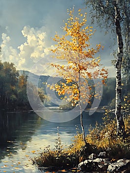 A Lone Yellow Leaf Tree Beside A River.