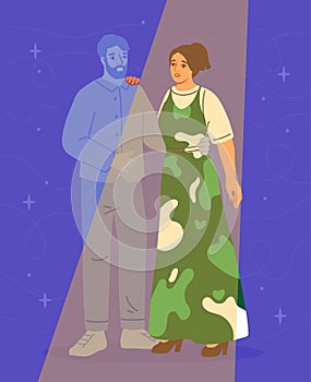 Loneliness abstract concept. An illustration of a man and woman with a split background, symbolizing loneliness. Vector