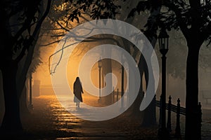 Loneliness Amidst Greenery: The silhouette of a lone woman in a deserted park, emphasizing the concept of loneliness