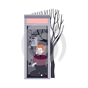 Loneliness with Lonely Man Character Sitting in Phonebooth Feeling Depression and Sadness Vector Illustration photo