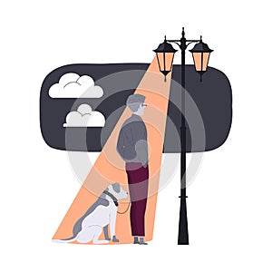 Loneliness with Lonely Man Character Standing on Spot of Street Lamp with Dog Pet Feeling Depression and Sadness Vector