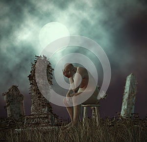 Loneliness Man Loss of Mother Grieving Tombstone Illustration