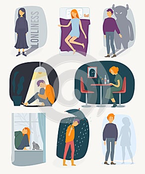 Loneliness people. Depressed rain feeling of fearfully stressed characters vector people collection