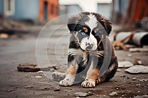 Lonely and adorable puppy exploring the eerie streets of a dark, abandoned city under the moonlight