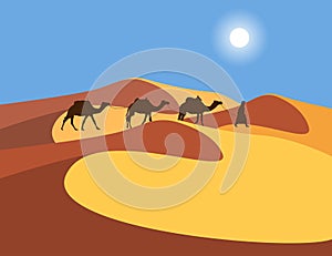 Lonely Arabic man with camels in the Sahara Desert