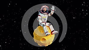 Lonely astronaut in spacesuit on a rotating Moon