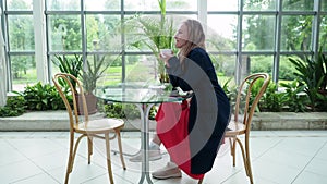 Lonely attractive blonde female wears blue cloak and red skirt enjoying cup of coffee in cozy cafe with tropical plants