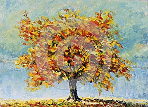 Osamelý jeseň strom padlý listy mraky maľovanie 