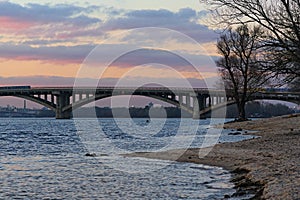 Lonely bare tree on the bank of the Dnieper River. Metro subway Bridge at the background. Winter sunset landscape photo