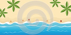 Lonely beach with palm trees and starfish summer holiday background with copy space