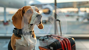 Lonely beagle dog waiting patiently at the airport next to luggage, hoping for his flight soon photo
