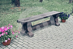 A lonely bench against a background of stone paving slabs, next to a garden pot with pink petunia