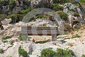 A lonely bench on a cliff surrounded by vegetation