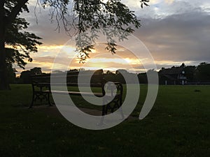 Lonely bench in the sunset