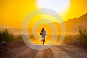 Lonely bicyclist riding by the dirt road at sunset time. Silhouettes of mountains at backdrop. Generative AI