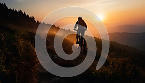 Lonely bicyclist riding by the grassy hill at sunset. Rear view. Mountain biking concept. Generative AI
