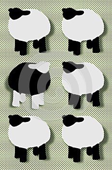 Lonely black sheep against a flock of white sheep - cartoon concept
