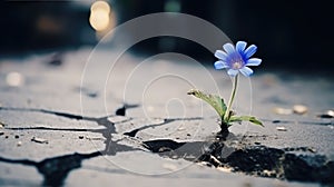 A lonely blue flower grows from a crack in the asphalt road. Neutral blurred background. Place for text.