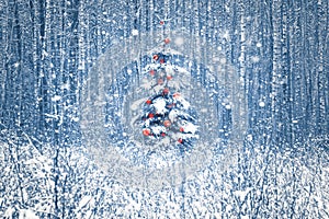 Lonely blue spruce with red christmas decorations in a snowy winter forest. photo