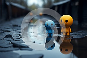 Lonely blue toy mirrors a somber emotion amid rainy surroundings