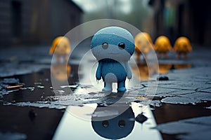 Lonely blue toy mirrors a somber emotion amid rainy surroundings