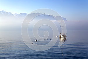 Lonely boat on Lake Leman or Lake of Geneva with morning mist