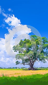 Lonely Bodhi tree against blue sky in peaceful paddy field