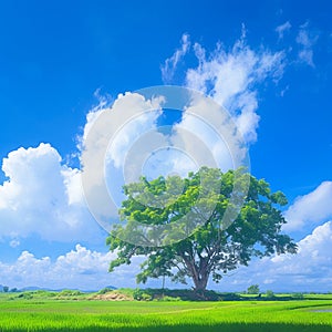 Lonely Bodhi tree against blue sky in peaceful paddy field