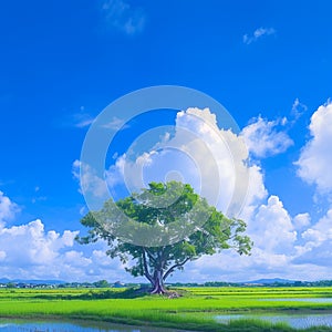 Lonely Bodhi tree against blue sky in peaceful paddy field