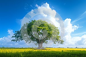 Lonely Bodhi tree against blue sky in peaceful paddy field